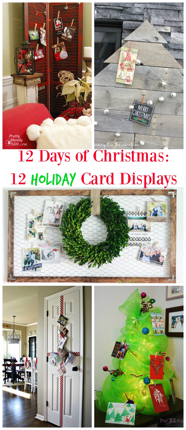 12 Holiday Card Displays, trees, reclaimed wood, chikcen wire, ribbon and more