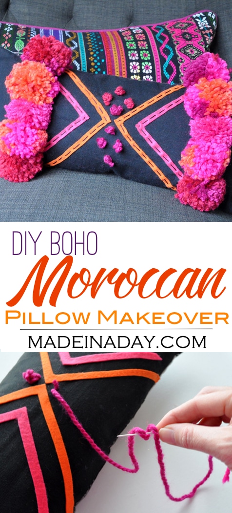 DIY Boho Pink Pom Moroccan Pillow, Makeover a cute lumbar pillow using felt and pom poms! Bohemian, boho decor, Moroccan decor, pink orange #moroccan #DIY #pillow #pompom #diyhomedecor #boho