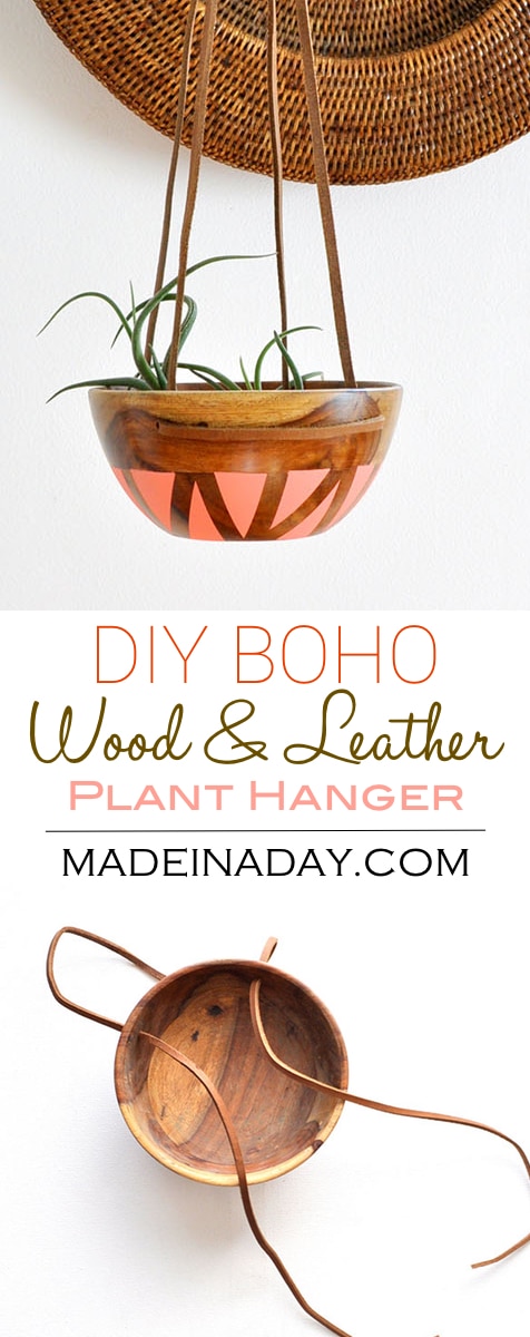 DIY #Wood #Leather Plant Hanger, painted wood bowl, leather strap wood bowl plant #hanger, bohemian home decor pink blush melon plant hanger, #boho
