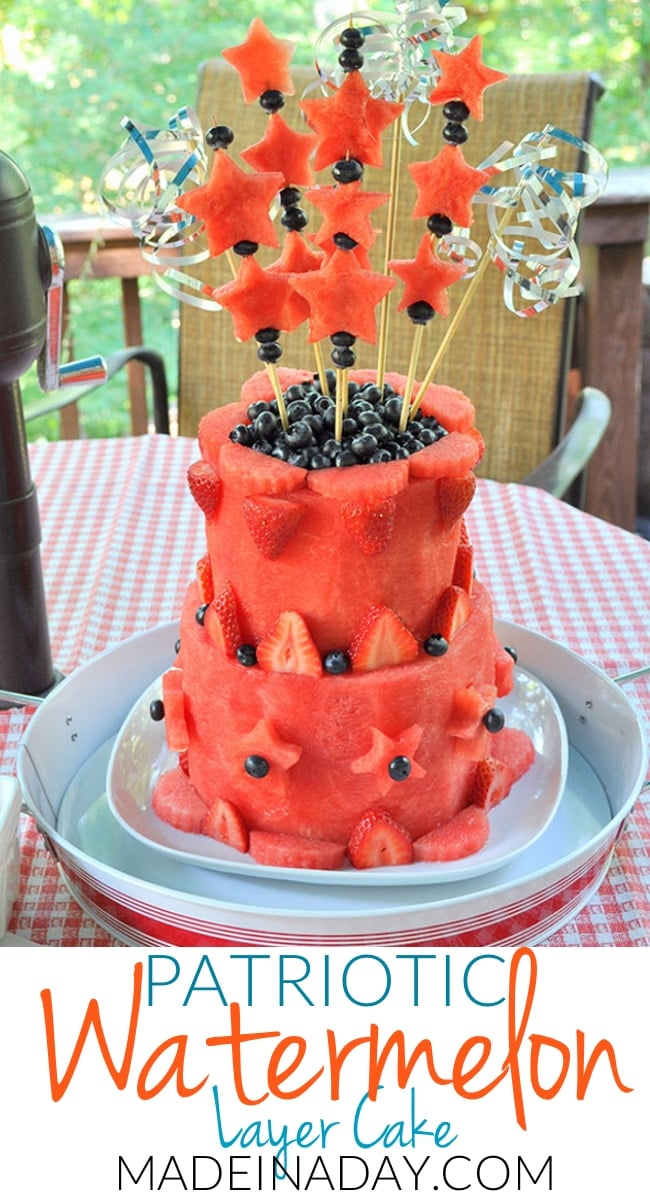 Easy DIY Watermelon Layer Cake Tutorial sure to wow at your next BBQ #sponsored Fruit cake, patriotic watermelon cake, carved watermelon cake, silver cake topper, star cut out cake topper, fresh fruit cake
