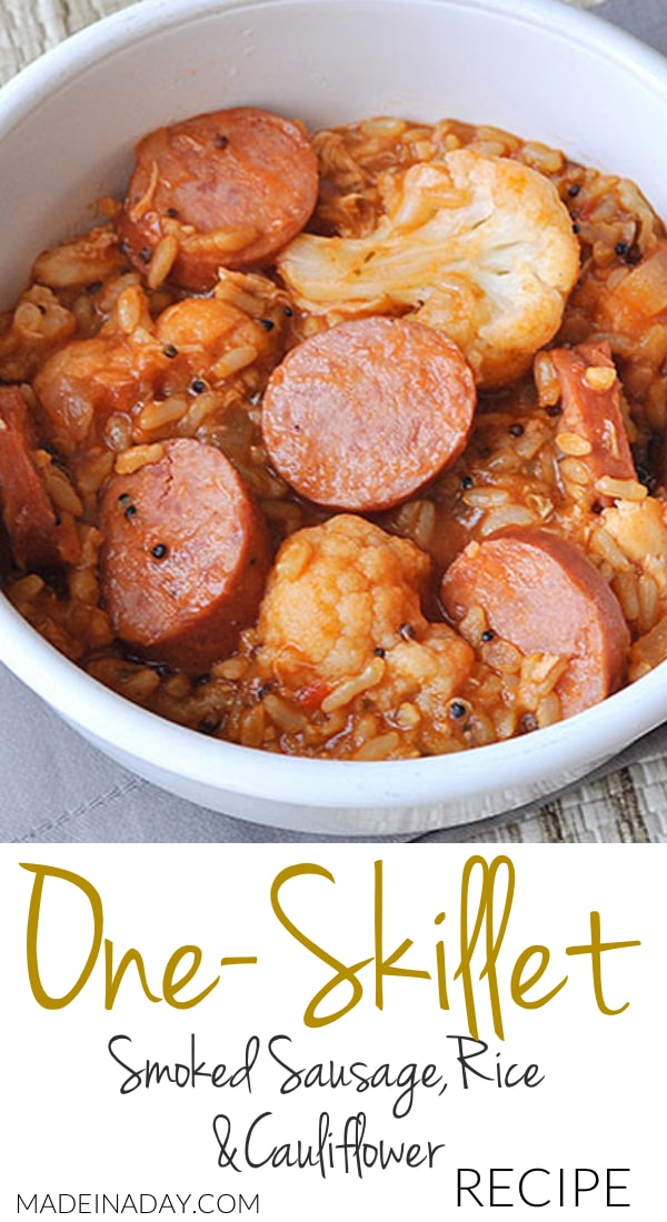 Hearty Sausage, Rice and #Cauliflower One #Skillet Meal, one-pot sausage dish, Quinoa & Brown #Rice, Turkey #Sausage and Rice Dish recipe, skillet meal, one pot meal, cauliflower sausage rice meal
