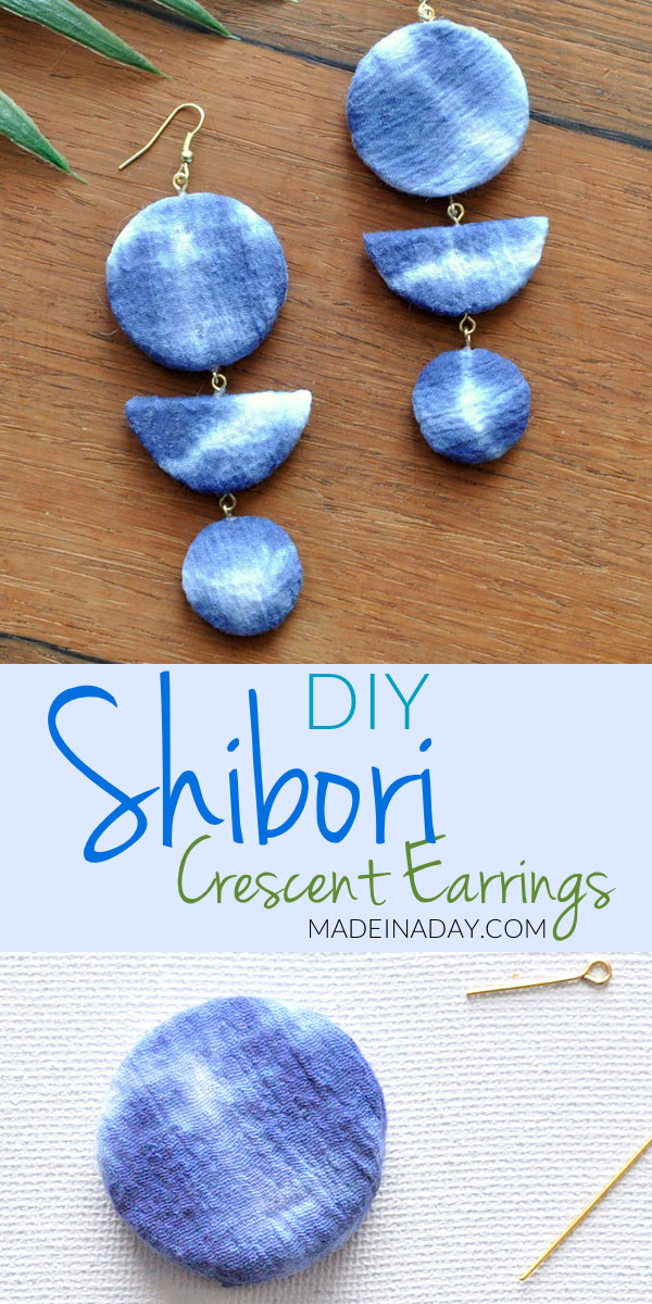Shibori Crescent Earrings, tie dye, lightweight earrings made of foam and covered with shibori fabric, dangle earrings, diy drop earrings, indigo