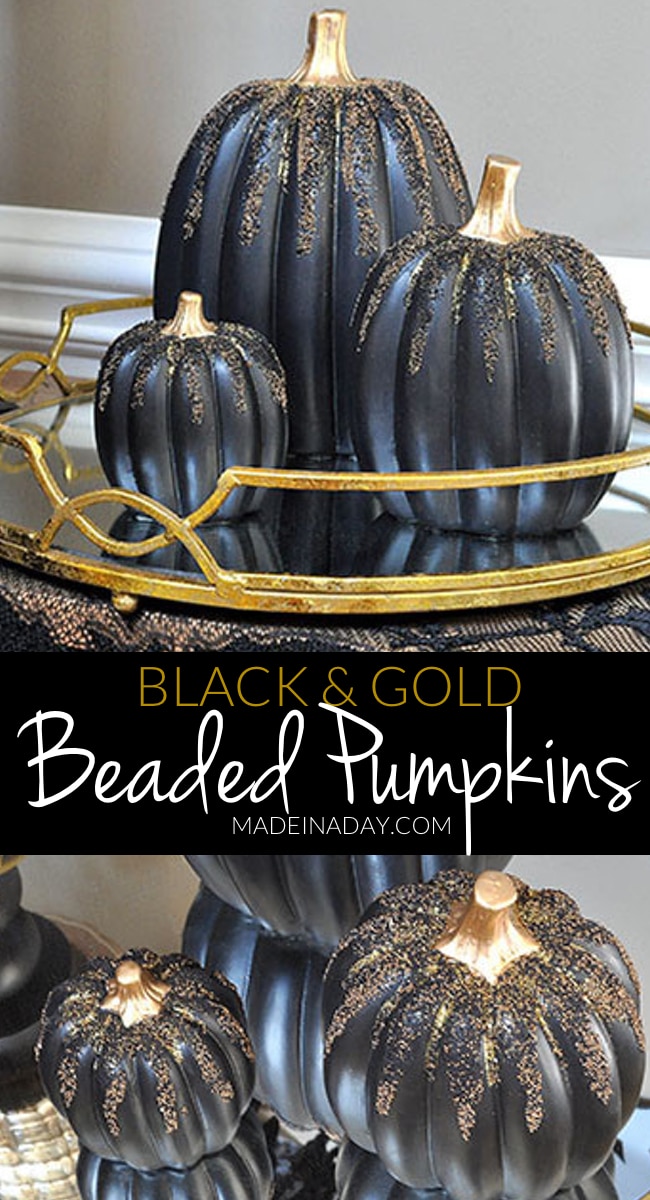 Gold and Black Beaded Pumpkins, haunted black gold Halloween entryway tour, Crystal ball, Gold Skeleton, victorian fringe, flying witch, gold black Halloween #sponsored