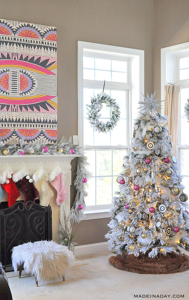 https://madeinaday.com/wp-content/uploads/2017/12/Bohemian-Christmas-Tree-Flocked-Pink-Black-White-.jpg