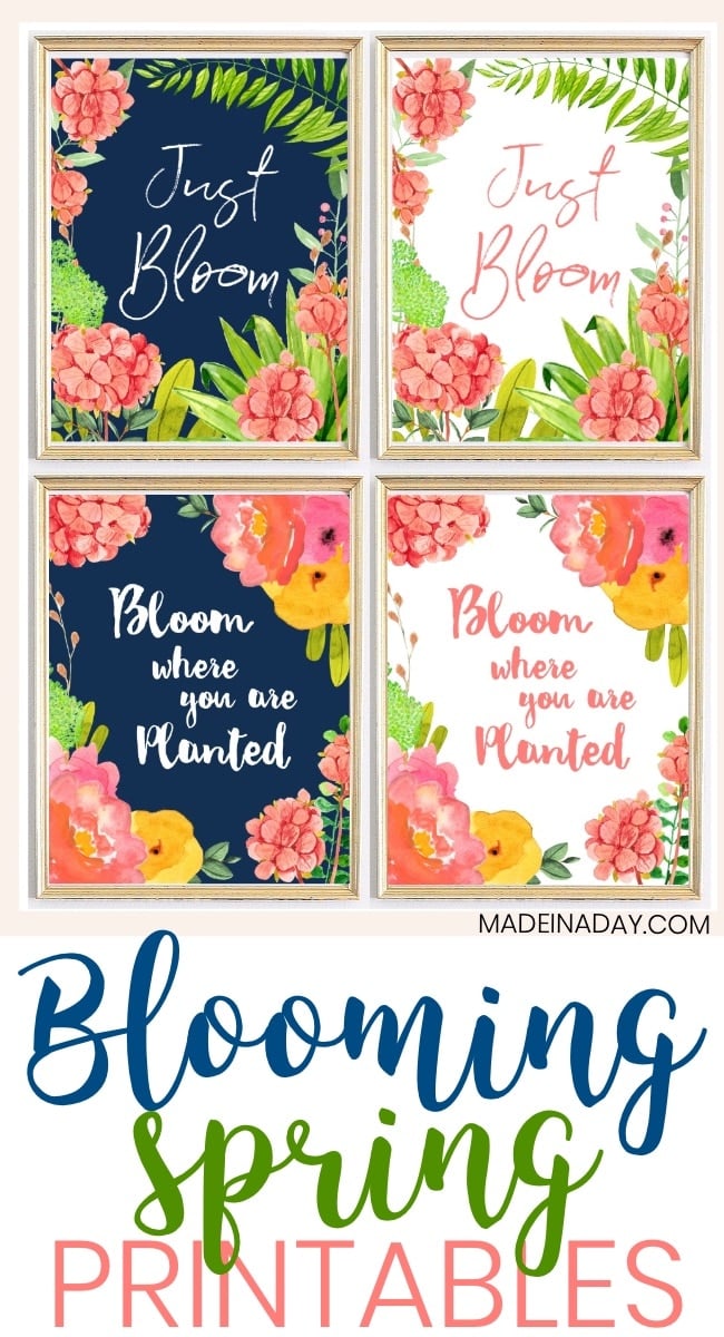 Navy Floral Blooming Spring Wall Art Printables. Bloom Where you are Planted + Just Bloom, navy melon pink yellow floral pattern, printable floral spring quotes, spring saying printables, hydrangea floral printable, navy floral printable, spring wall art printables, #spring #wallart #printables #navy