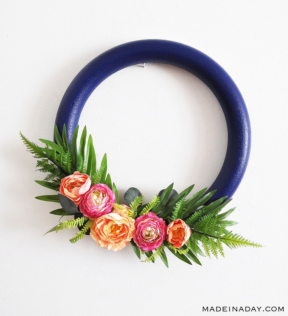 How to make a Stunning Navy and Pink Tropical Spring Wreath, eucalyptus wreath, door wreath, tropical wreath, spring wreath, hoop wreath, #tropical #peony #wreath #springwreath