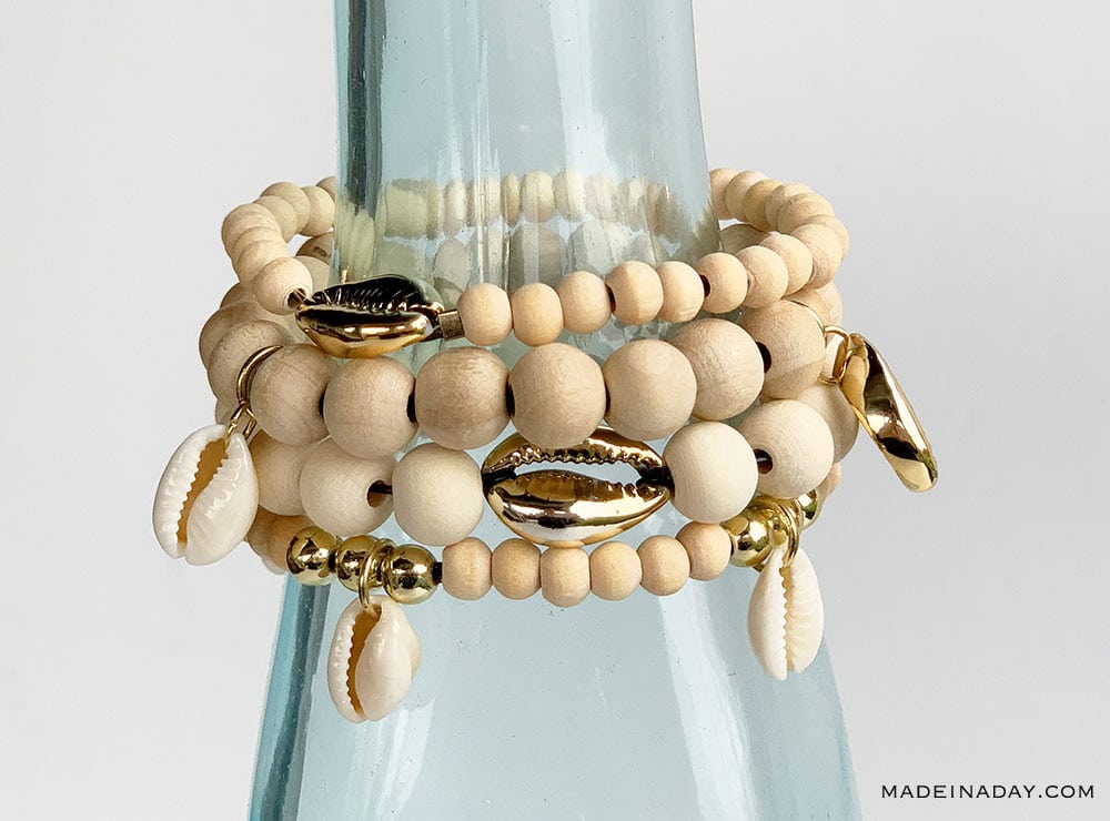 4 Stacked DIY Cowrie Shell Bracelets