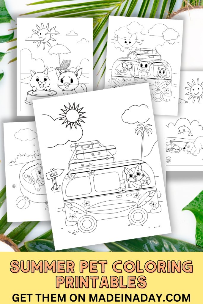Summer Cat and Dog Coloring Pages Set