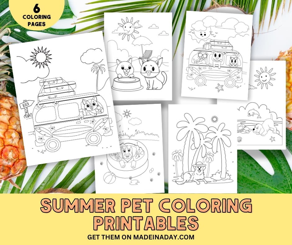 Summer Cat and Dog Coloring Pages