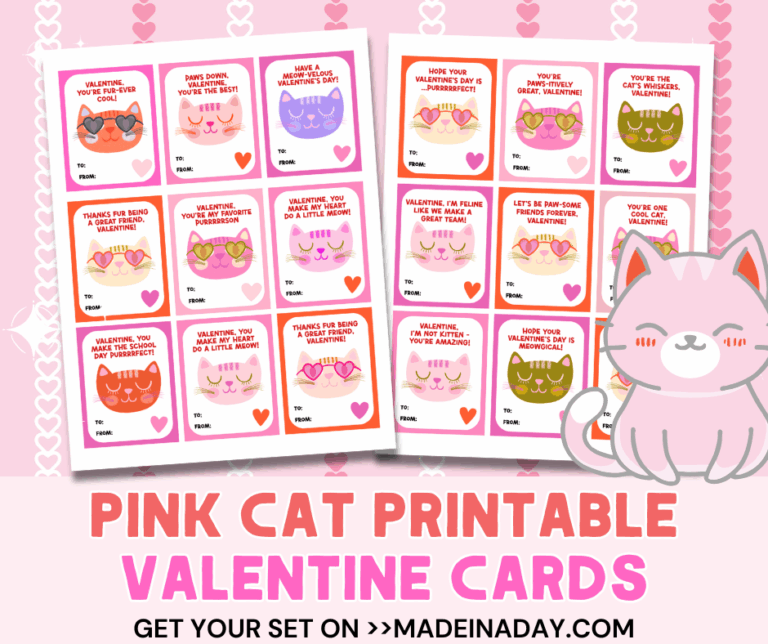 Pink Cat Printable Valentine Cards
