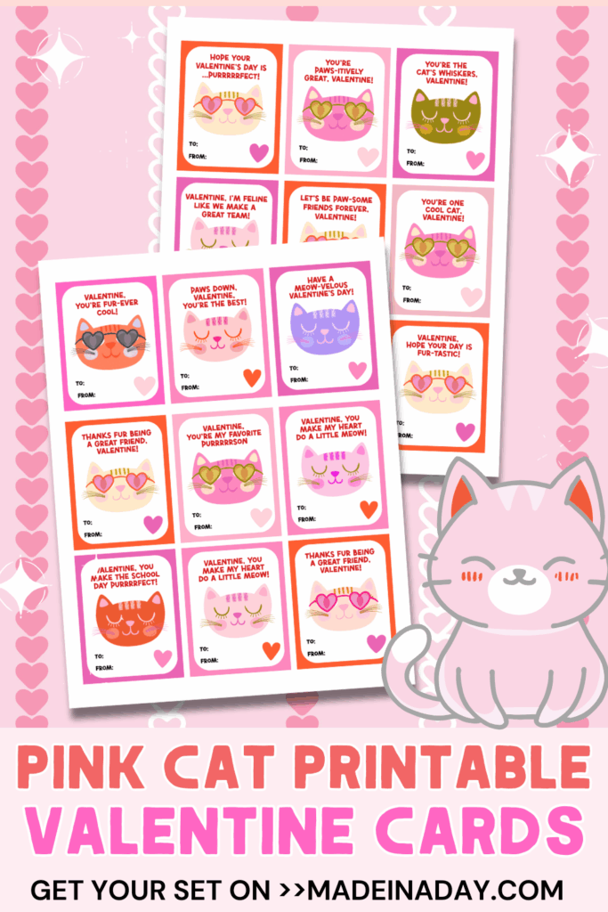Pink Cat Printable Valentine Cards Set