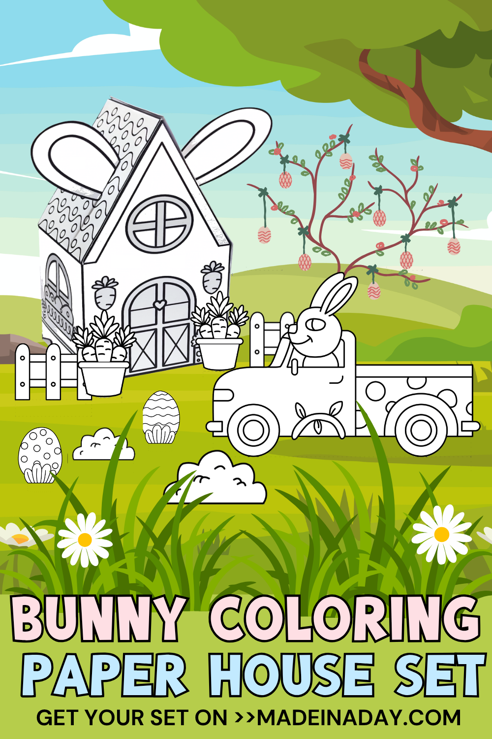 Easter Bunny Coloring Paper House Set