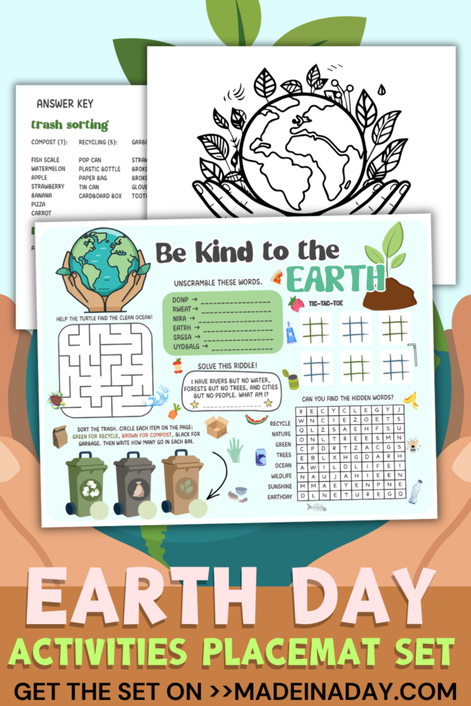 Earth Day Activities Placemat Set and coloring page