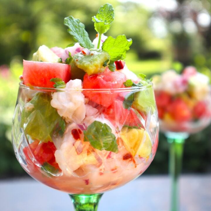 Image for Summer in a glass: cod ceviche with watermelon, lemon, avocado and mint