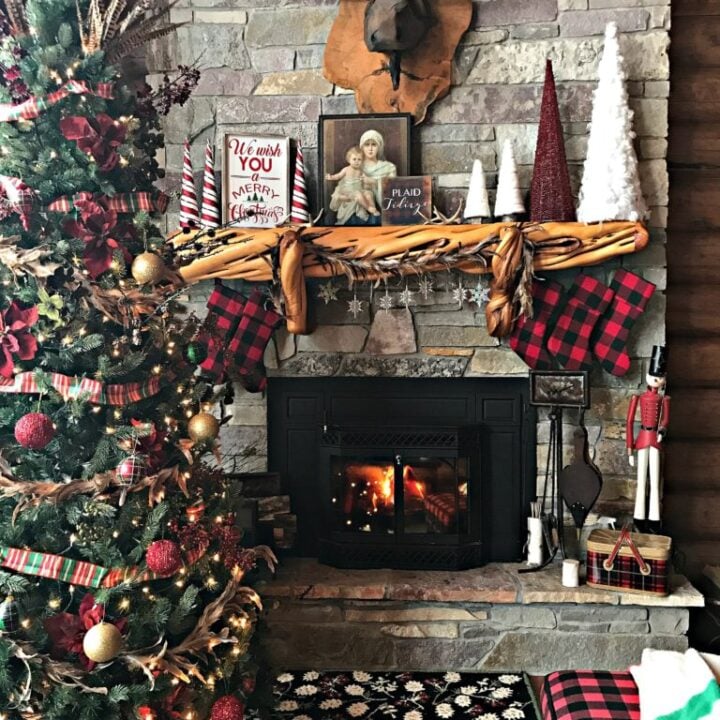 Image for Christmas Mantel- Buffalo Plaid Stockings and Rustic Decor